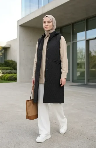 Gilet Matelassé à Capuche Et Boutons 71315-04 Noir 71315-04