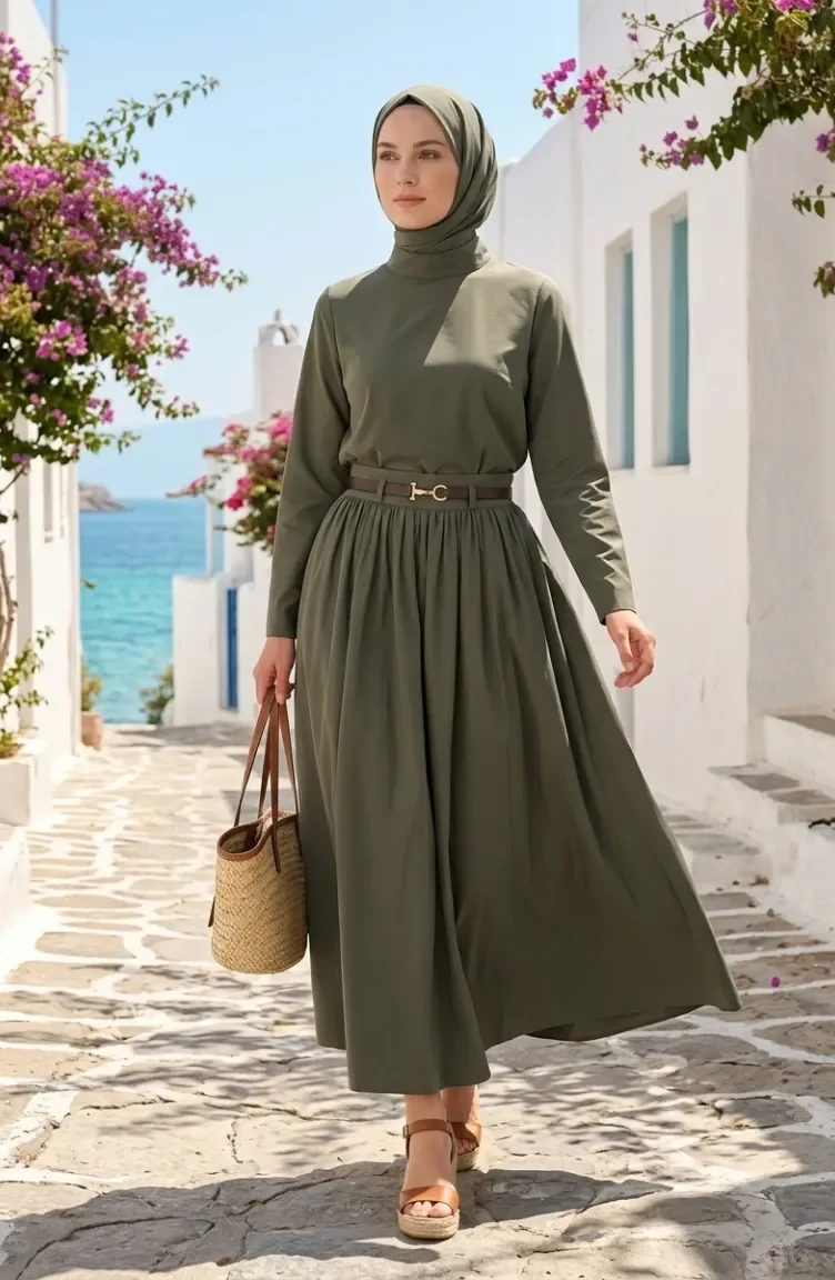 تنورة واسعة بحزام 71470-05 كاكي 71470-05
