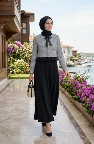 طقم جاكيت وفستان من قماش البوكليه، قطعتين، 71339-02، رمادي 71339-02