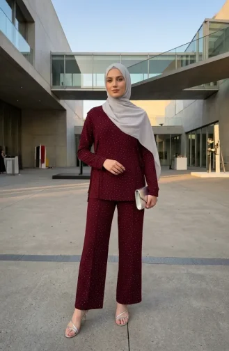 Taşlı Yandan Bağlamalı ikili Takım 71366-05 Bordo