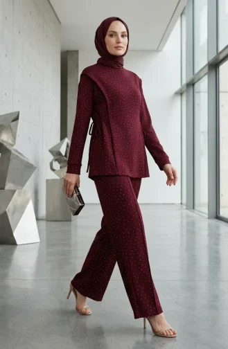 Taşlı Yandan Bağlamalı ikili Takım 71366-05 Bordo