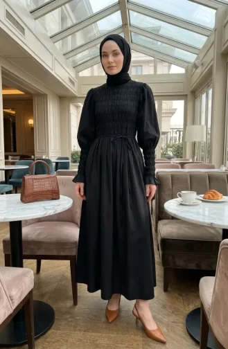 Gipe Detaylı Tesettür Elbise 71272-02 Siyah