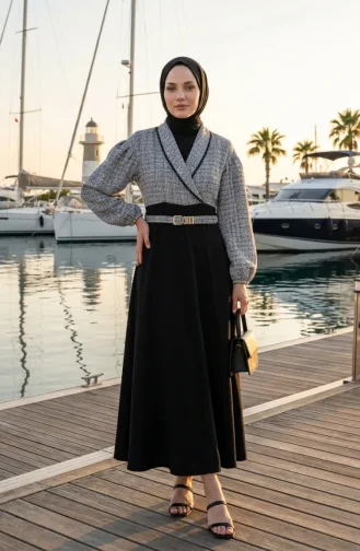 فستان رمادي مزين بقماش التويد 71353-01 71353-01