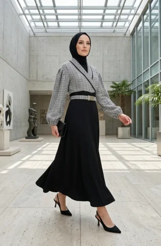 فستان رمادي مزين بقماش التويد 71353-01 71353-01