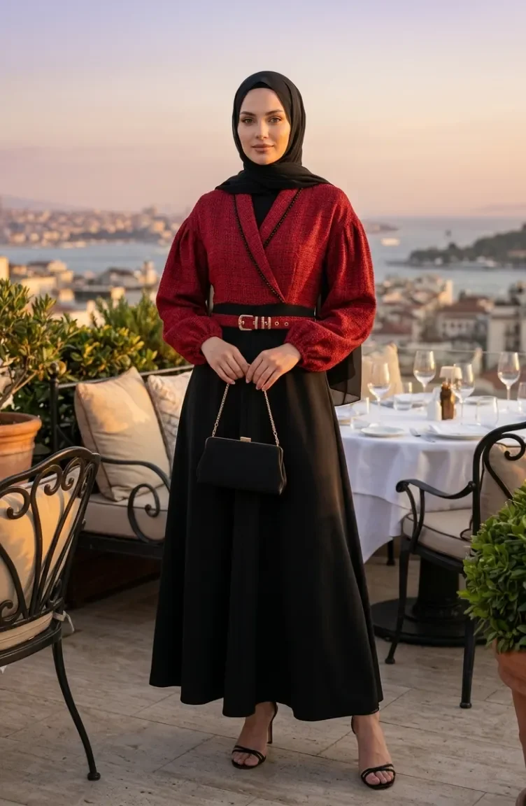 Kleid Mit Tweedbesatz 71353-02 Burgunderrot 71353-02