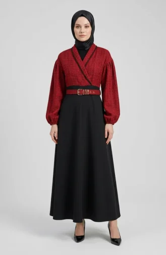 Kleid Mit Tweedbesatz 71353-02 Burgunderrot 71353-02
