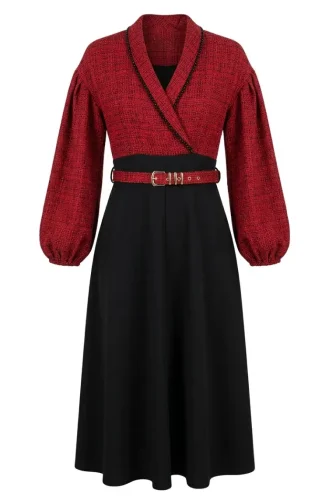Kleid Mit Tweedbesatz 71353-02 Burgunderrot 71353-02