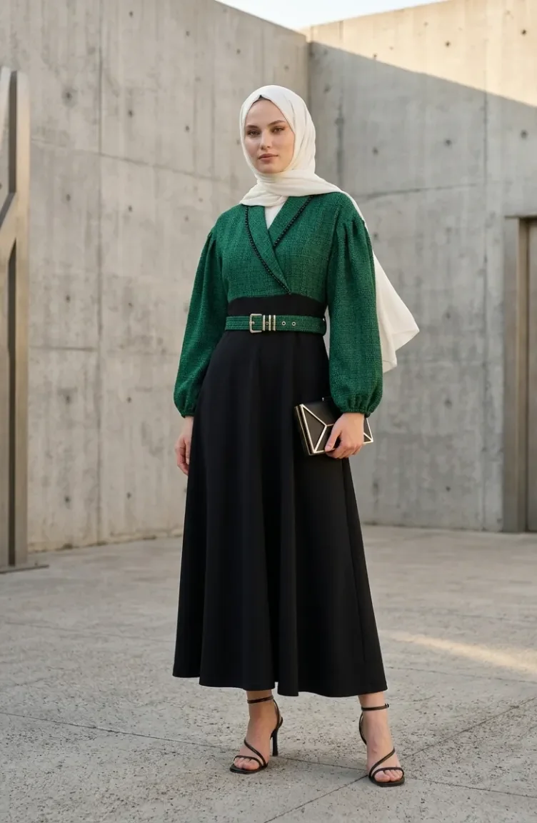 Robe à Bordure En Tweed Vert 71353-03 71353-03