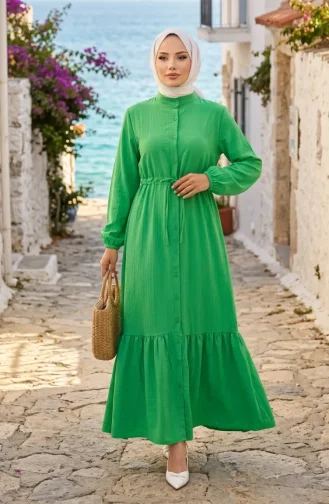 Robe Boutonnée à Ourlet Fronce 0351-04 Vert 0351-04