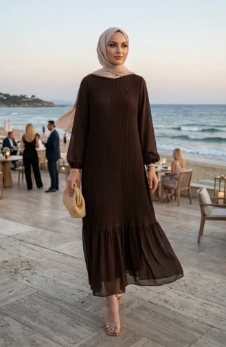 Robe Longue Plissée à Jupe à Volants 0171-08 Marron 0171-08