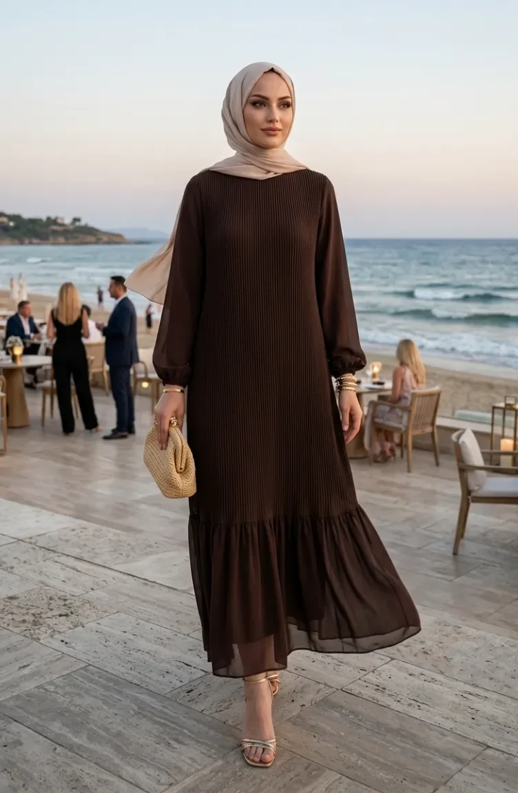 Robe Longue Plissée à Jupe à Volants 0171-08 Marron 0171-08