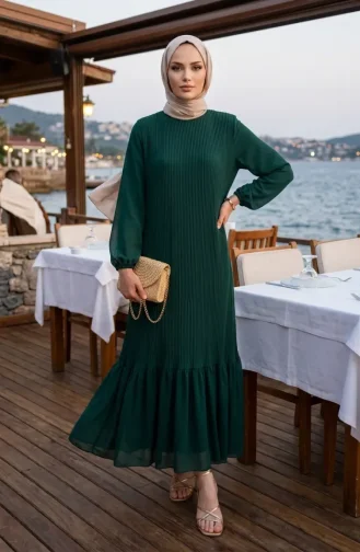 Robe Longue Plissée à Jupe à Volants 0171-09 Vert émeraude 0171-09