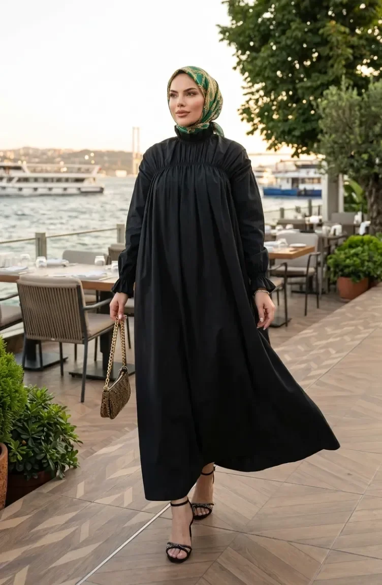 Robe Froncée à Col Mandarin 71270-02 Noire 71270-02