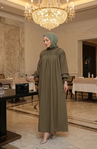 فستان بياقة صينية مكشكشة 71270-03 كاكي 71270-03