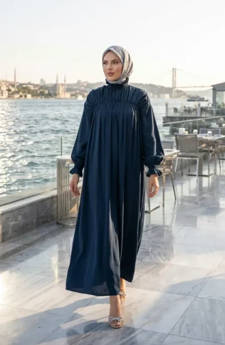 Robe Froncée à Col Mandarin 71270-04 Bleu Marine 71270-04