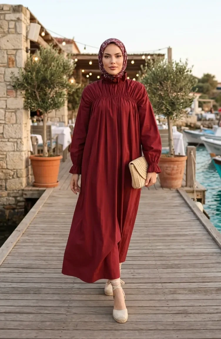 Kleid Mit Stehkragen Und Raffungen 71270-05 Burgunderrot 71270-05