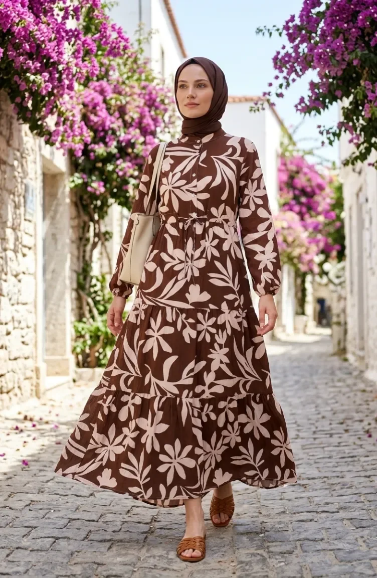 فستان بني اللون، نصف أزرار، بخصر برباط 0271A-01 0271A-01