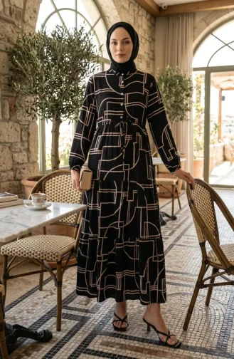 فستان أسود بنصف أزرار وخصر برباط 0271B-01 0271B-01