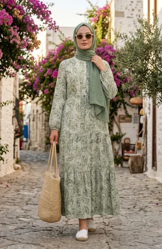 Kleid Mit Halber Knopfleiste Und Kordelzug In Der Taille 0271C-01 Grün 0271C-01