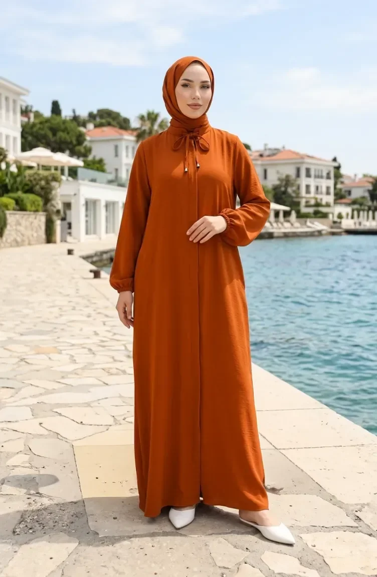 Abaya à Manches élastiquées Et Fermeture éclair 0140-11 Beige 0140-11