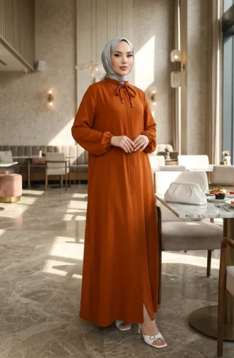 Abaya à Manches élastiquées Et Fermeture éclair 0140-11 Beige 0140-11