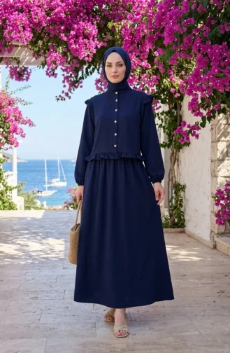 Button-Down Ruffled Tunic And Skirt Two-Piece Set 0272-01 Navy Blue 0272-01