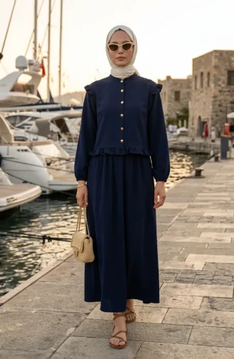 Button-Down Ruffled Tunic And Skirt Two-Piece Set 0272-01 Navy Blue 0272-01