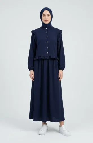 Button-Down Ruffled Tunic And Skirt Two-Piece Set 0272-01 Navy Blue 0272-01