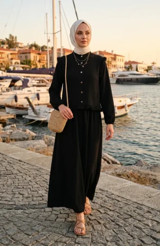 Button-Down Ruffled Tunic And Skirt Two-Piece Set 0272-02 Black 0272-02