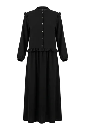 Button-Down Ruffled Tunic And Skirt Two-Piece Set 0272-02 Black 0272-02