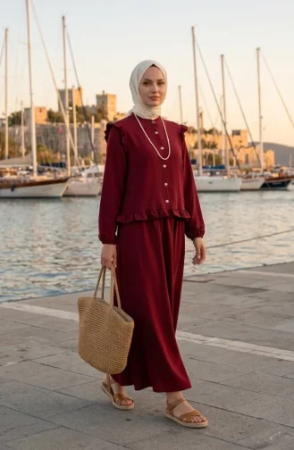 Button-Down Ruffled Tunic And Skirt Two-Piece Set 0272-03 Burgundy 0272-03