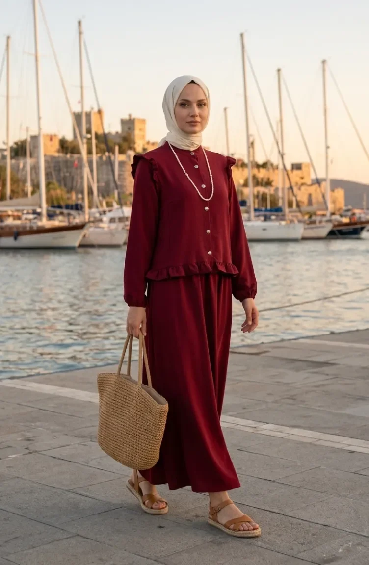 Button-Down Ruffled Tunic And Skirt Two-Piece Set 0272-03 Burgundy 0272-03