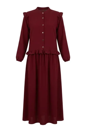 Button-Down Ruffled Tunic And Skirt Two-Piece Set 0272-03 Burgundy 0272-03