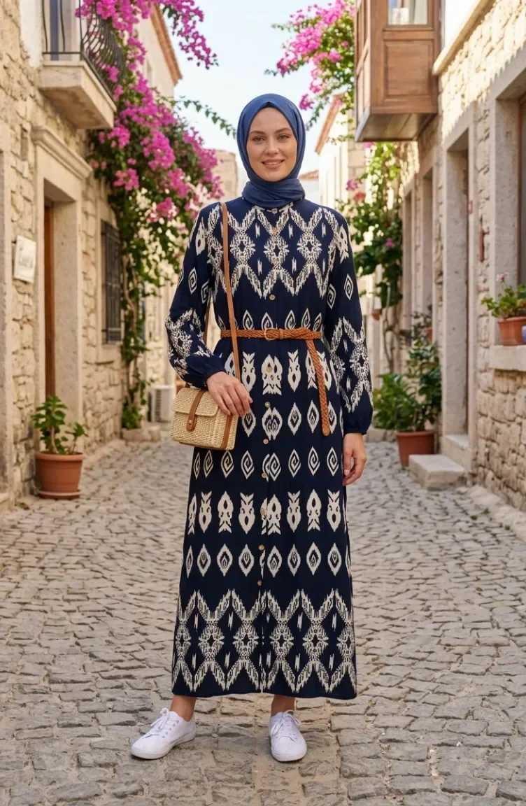 Viscose Fabric Button-Down Patterned Dress 0263-01 Navy Blue 0263-01