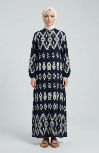 Viscose Fabric Button-Down Patterned Dress 0263-01 Navy Blue 0263-01