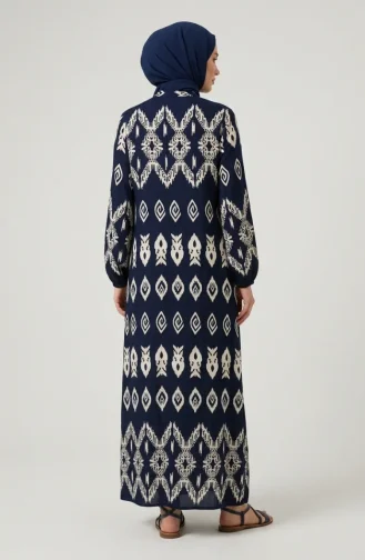 Viscose Fabric Button-Down Patterned Dress 0263-01 Navy Blue 0263-01