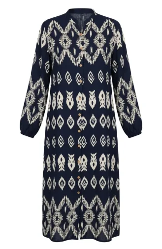 Viscose Fabric Button-Down Patterned Dress 0263-01 Navy Blue 0263-01