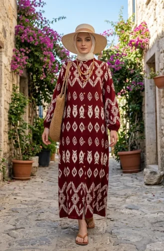 Viscose Fabric Button-Down Patterned Dress 0263-02 Burgundy 0263-02