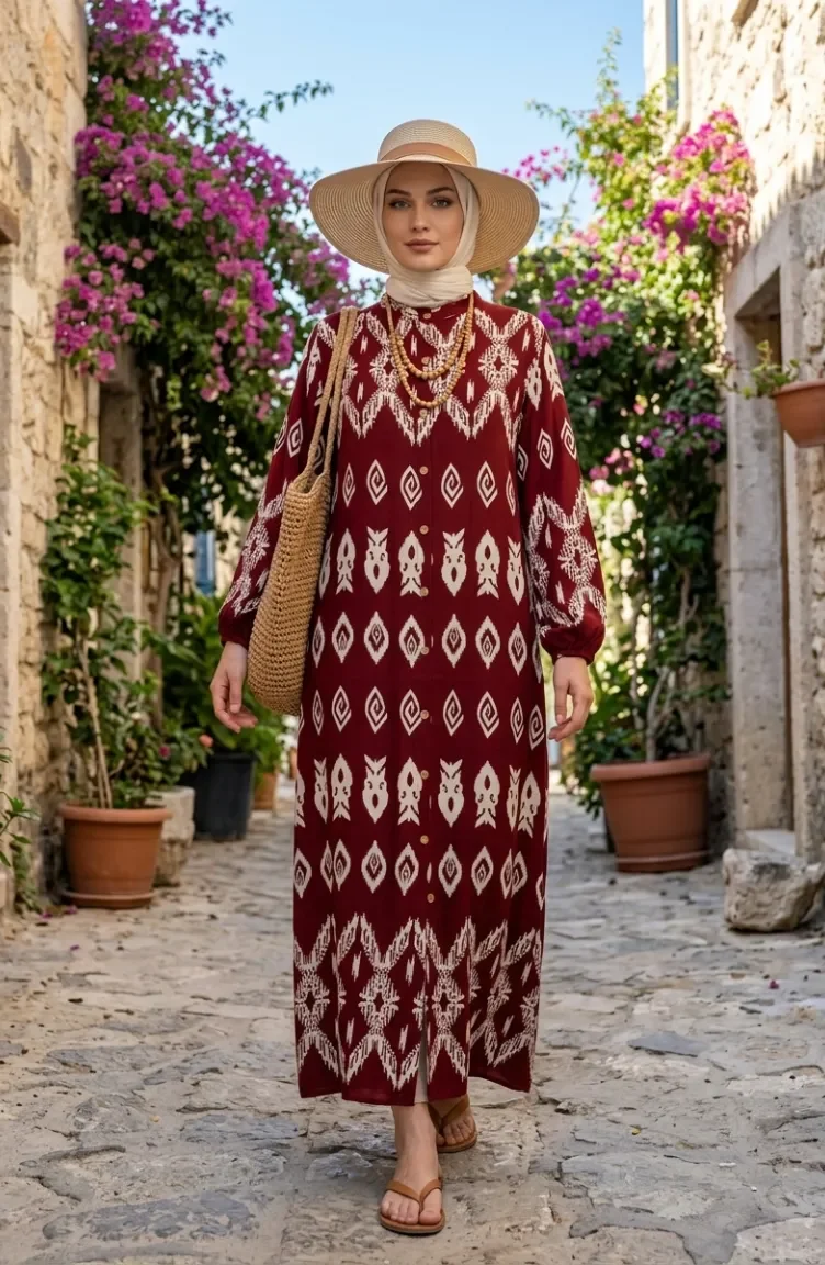 Viscose Fabric Button-Down Patterned Dress 0263-02 Burgundy 0263-02