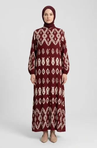 Viscose Fabric Button-Down Patterned Dress 0263-02 Burgundy 0263-02