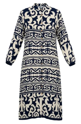 فستان من قماش الفسكوز بأزرار أمامية ونقشة مميزة، رقم الموديل 0264-01، لون كحلي 0264-01