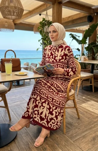 فستان من قماش الفسكوز بأزرار أمامية ونقشة مميزة 0264-04 لون عنابي 0264-04