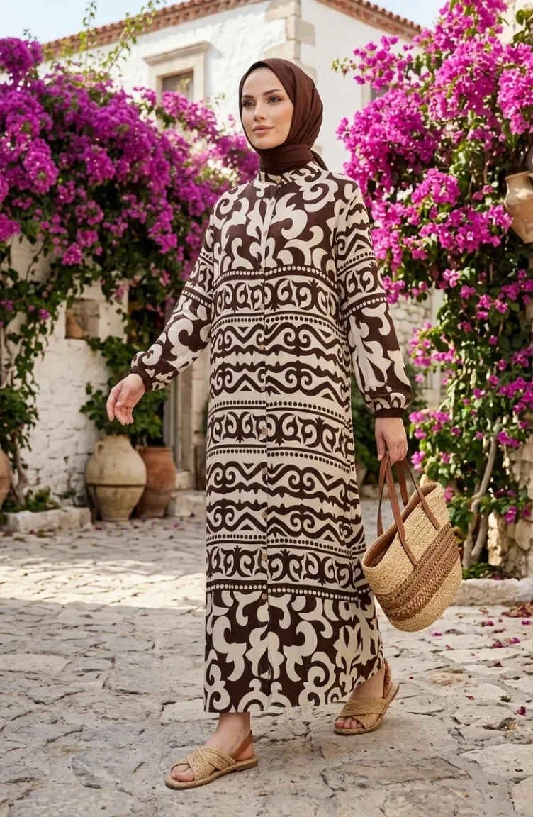 Viscose Fabric Button-Down Patterned Dress 0264-05 Brown 0264-05