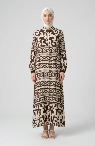 Viscose Fabric Button-Down Patterned Dress 0264-05 Brown 0264-05