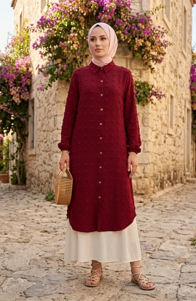 Full-Length Buttoned Long Tunic 0267-02 Burgundy 0267-02