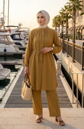 Boydan Düğmeli Bağcıklı Tunik Pantolon ikili Takım 2253-01 Yağ Yeşili