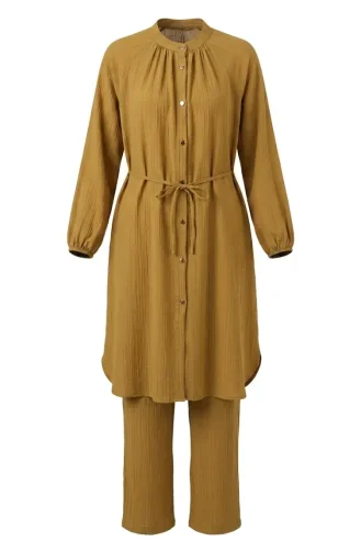 Boydan Düğmeli Bağcıklı Tunik Pantolon ikili Takım 2253-01 Yağ Yeşili