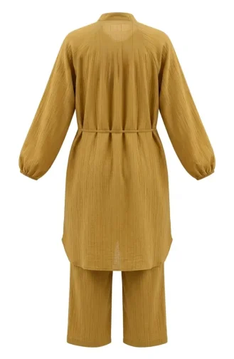 Boydan Düğmeli Bağcıklı Tunik Pantolon ikili Takım 2253-01 Yağ Yeşili