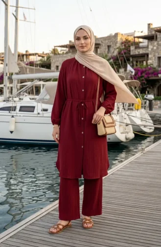 Boydan Düğmeli Bağcıklı Tunik Pantolon ikili Takım 2253-02 Bordo