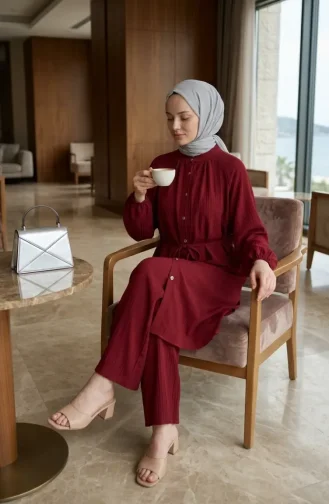 Boydan Düğmeli Bağcıklı Tunik Pantolon ikili Takım 2253-02 Bordo